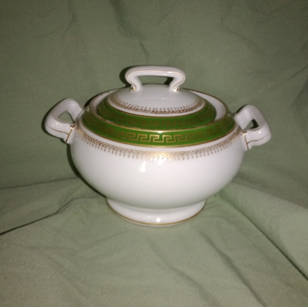 Antique Limoges Tressemanes Vogt France Gold Key Porcelaine Sugar Bowl With Lid